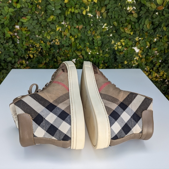 🤎 BURBERRY CANVAS LEATHER HIGH TOP MENS SNEAKERS - Picture 6 of 14